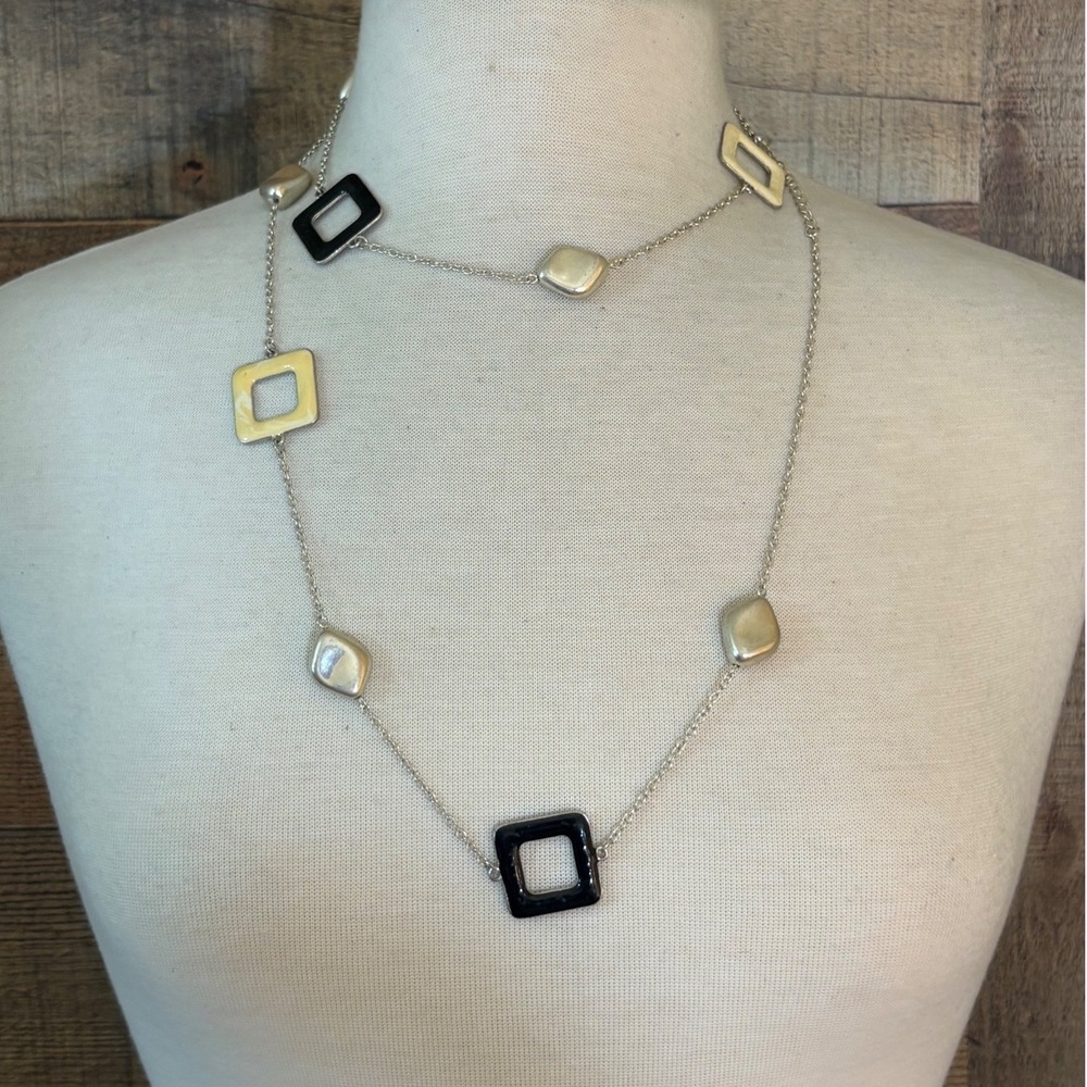 Silver Tone Long Station Necklace Black Cream Enamel Square Geometric